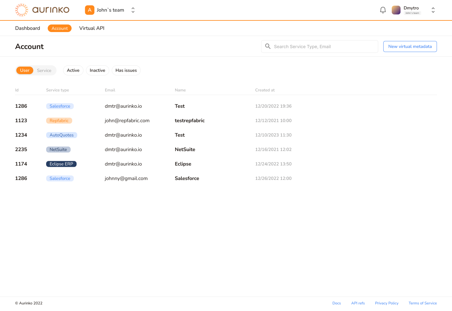 account settings page UI